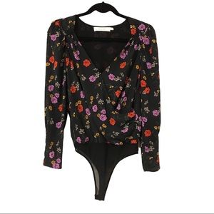 ASTR The Label floral black bodysuit wrap front long sleeve top S flower girly